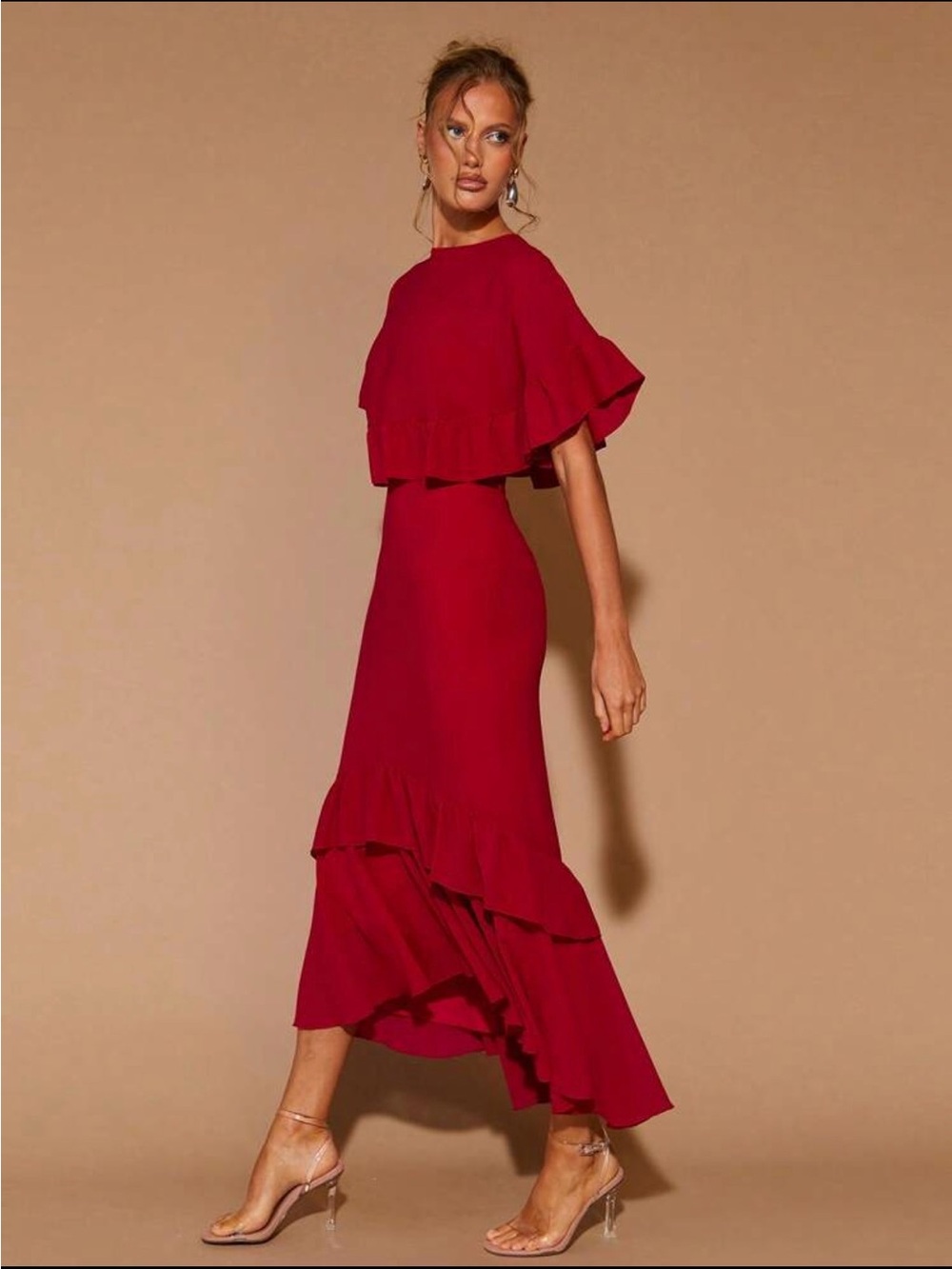 Red Ruffle Midi Dress - Women